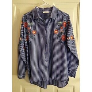 BeachLunchLounge Blue Striped Floral Embroidered Button Down Shirt Size L [657]
